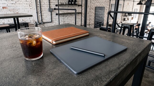 Modern digital tablet with stylus pen, leather notebook, and refreshing iced coffee on a concrete table in an industrial cafe, ideal for remote work.