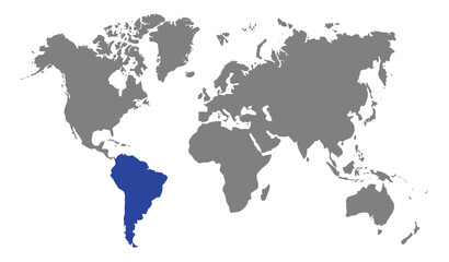 Vector illustration of a world map highlighting the continent of South America in blue, global geography design, international travel, cartography, and a concept representing Earth's continents © Breno