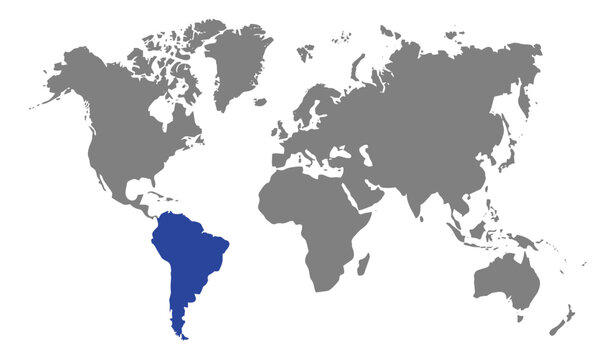 Vector illustration of a world map highlighting the continent of South America in blue, global geography design, international travel, cartography, and a concept representing Earth's continents