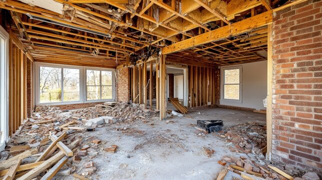 Interior view of a house under demolition, showing exposed brick walls, wooden beams, and debris on the floor.
