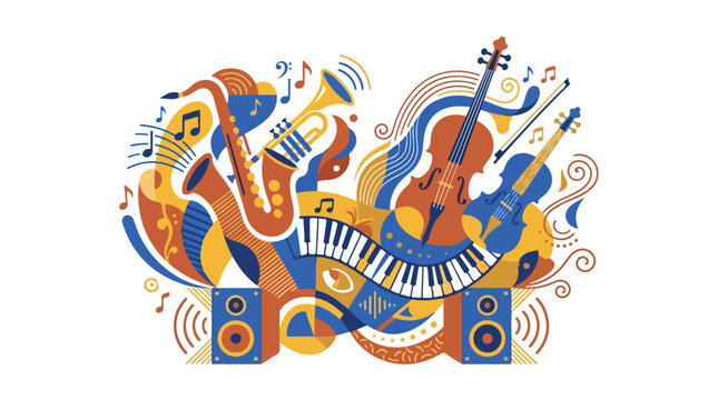 Colorful musical instruments including guitars and keyboards arranged with speakers and musical notes creating a lively