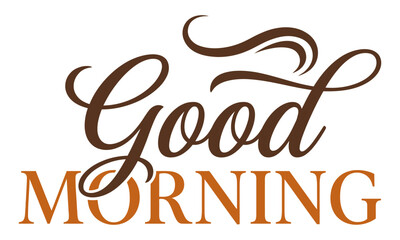 Vintage Good Morning typography vector, elegant cursive lettering with decorative swirls, brown and orange morning greeting for cafe signage © Nexus Graphics