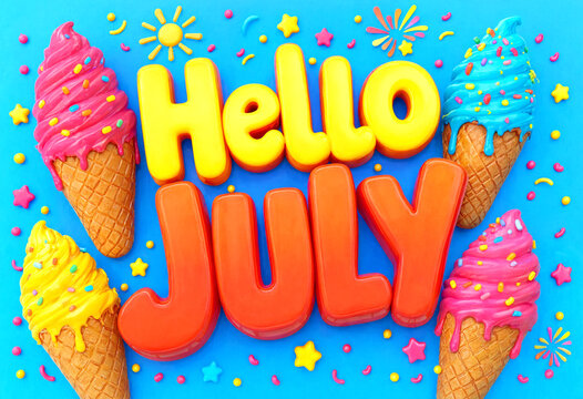 Colorful hello july summer greeting with ice cream cones and festive decorations on blue background