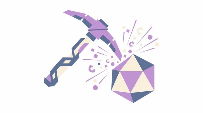 Digital cryptocurrency mining concept with pickaxe and geometric crystal