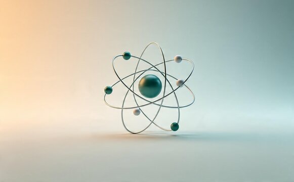 Abstract 3D atom model with orbiting electrons on gradient background