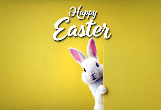 Cute white bunny rabbit peeking from behind a yellow background with happy easter greeting text