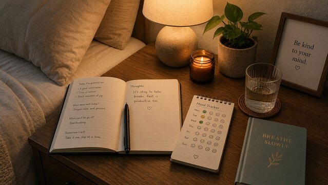 Journal and simple mood tracker on a calm bedside table