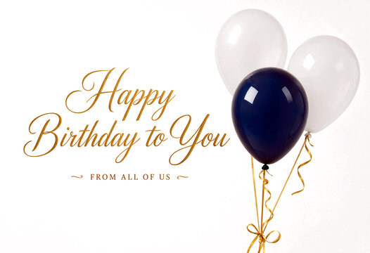 Elegant happy birthday card with gold text and blue white balloons tied together