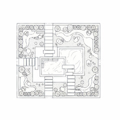 Obraz premium Detailed black and white garden landscape architectural plan.
