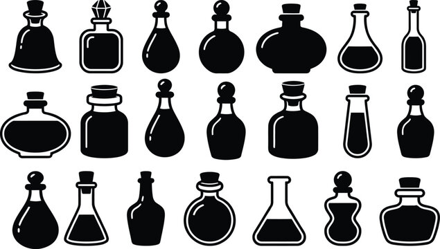 Black and white illustration of various potion bottles for Halloween decoration