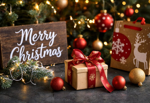 Festive christmas gifts wrapped with decorations and merry christmas sign under a lit tree