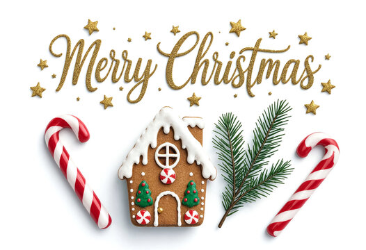 Festive merry christmas greeting with gingerbread house candy canes and pine branch decoration