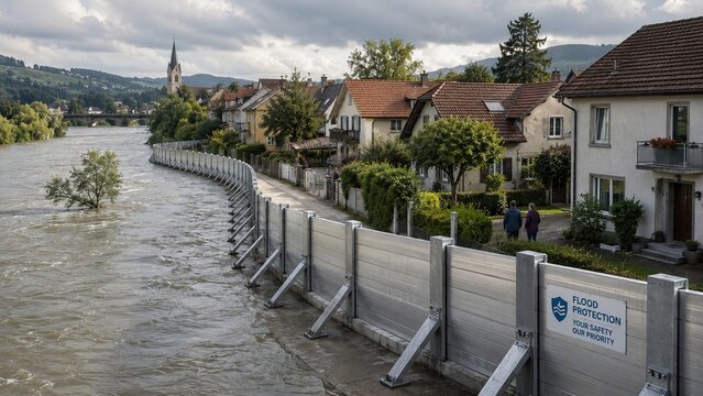 Flood barrier protecting a small riverside neighborhood