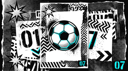 Grunge soccer poster with football ball and number 07, urban street art style sports background, monochrome athletic vector illustration with teal accents © Dr Nadeem
