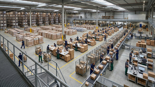 Mezzanine perspective of fulfillment warehouse bottleneck amid high-density flow
