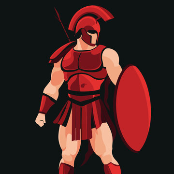 Illustrated warrior in classical armor wielding a spear and shield