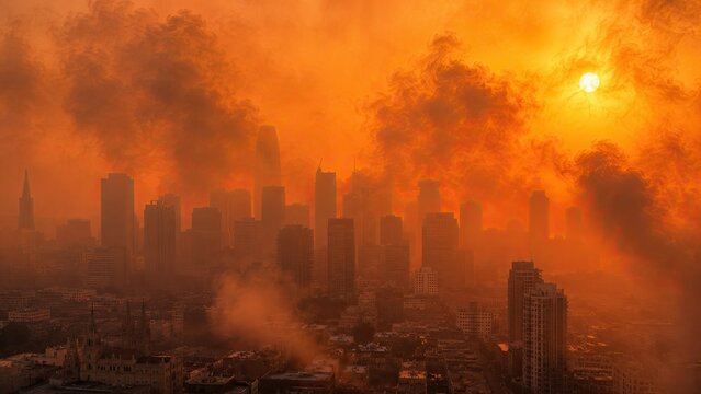 City skyline fading into dense smoke and orange light
