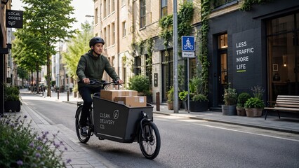 Obraz premium Cargo bicycle delivering packages in a low traffic district