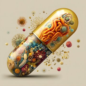 Probiotic microbiome illustration with healthy bacteria inside clear capsule picture