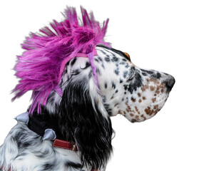 Profile portrait of Halloween English Setter dog with a pink mohawk hat and black leather jacket in a png © ChristyLangPhotos