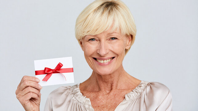 Gl&uuml;ckliche reife Frau h&auml;lt eine leere Geschenkkarte mit roter Schleife. Pr&auml;sentation eines Gutschein-Mockups auf hellem Hintergrund.