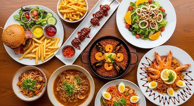 Top view of a diverse international food spread featuring burger, pasta, and seafood dishes.