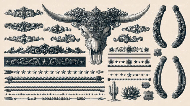 Monochrome Western Steer Skull with Filigree, Scrolls, Horseshoes, and Desert Icons for Cowboy-Themed Designs