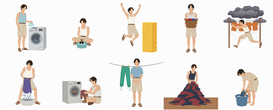 Young man performing various laundry tasks flat vector illustration set, including washing, drying, and sorting clothes