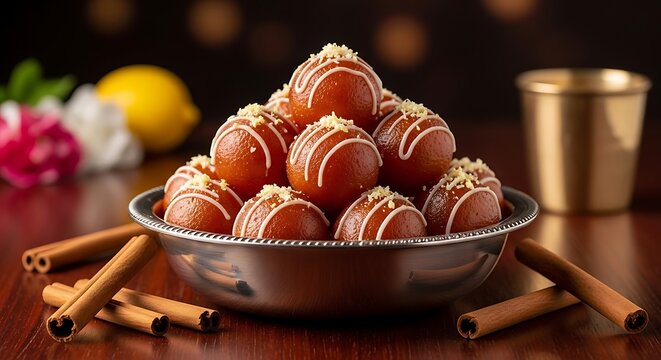 Delicious gulab jamun sweet dessert in a silver bowl with cinnamon sticks on wooden table