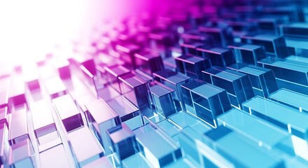 Fototapeta premium Abstract background of glowing blue and purple glass cubes in a futuristic digital landscape