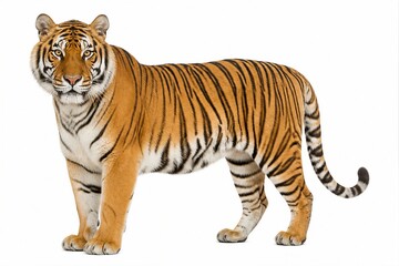 Obraz premium A tiger is positioned in a neutral stance displaying its orange and black stripes. This animal looks directly at the viewer. The background is bright, offering clear visibility.