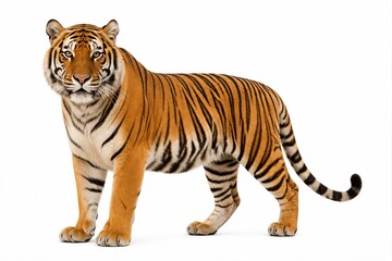 Obraz premium A tiger stands on a white background. The tiger's fur shows shades of orange and black. It has a strong posture and an alert expression. The setting emphasizes the tiger's features.