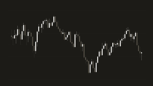 Stock market candlestick chart on dark background, financial trading graph with volatility, crash and recovery, business finance banner