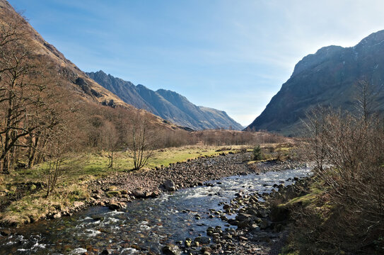 Slopes of Sgorr nam Fiannaidh, the Aonach Eagach and Aonach Dubh. Seen from the River Coe, Glencoe, Highlands of Scotland.