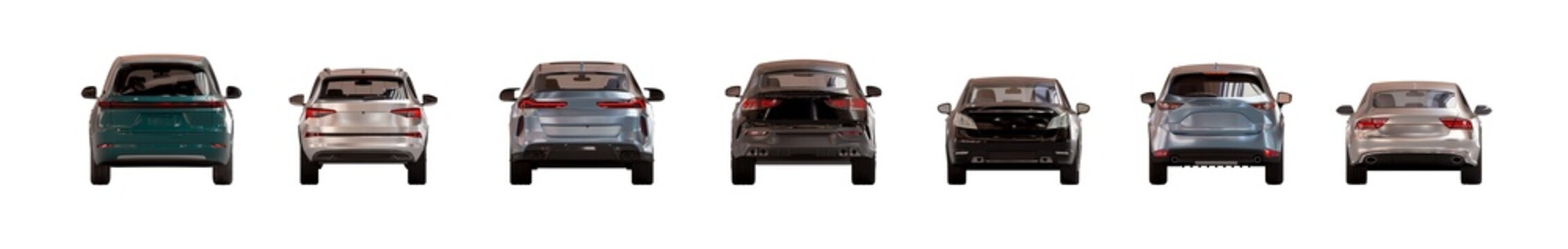 back view of unbranded modern cars in parking lot lighting isolated png on a transparent background premium cutout (rear view cars, vehicle cutouts)