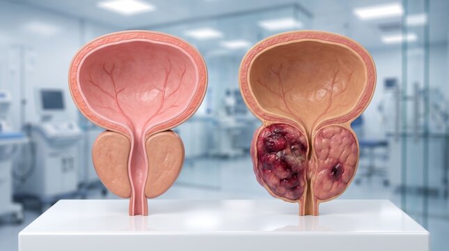 Urology. Anatomical comparison of a healthy prostate and an enlarged diseased prostate showing prostate enlargement, abnormal tissue changes and urological conditions for medical education.