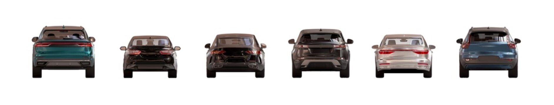 back view of unbranded modern cars in parking lot lighting isolated png on a transparent background premium cutout (rear view cars, vehicle cutouts)