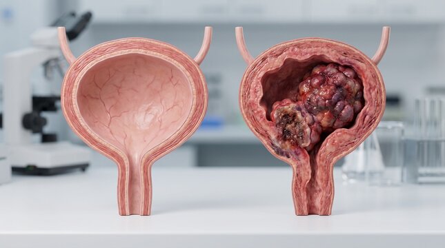 Urology. Anatomical comparison of a healthy urinary bladder and a bladder affected by cancer, showing tumor growth and changes in bladder structure for medical education.