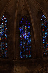 Epic ancient gothic church cathedral interior stone arch vault stained glass vertical.  © Yar