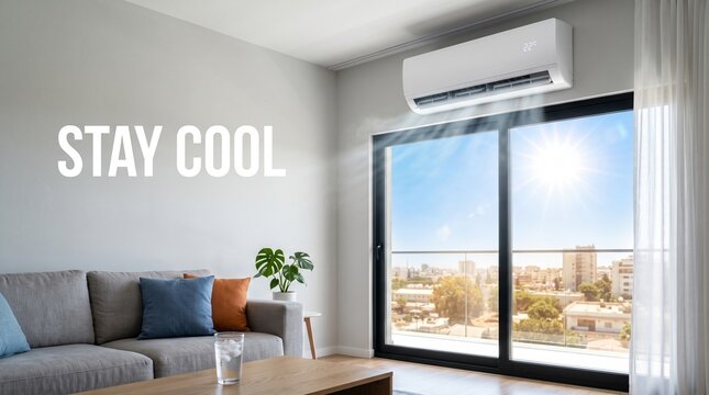 modern living room with air conditioner and big window with copy space