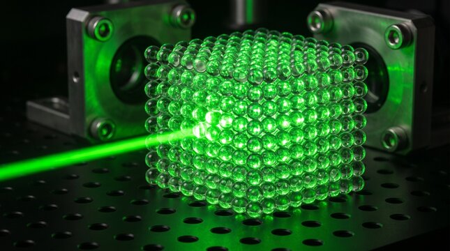Experimento de &oacute;ptica l&aacute;ser verde atravesando cubo de cristal fot&oacute;nico en laboratorio