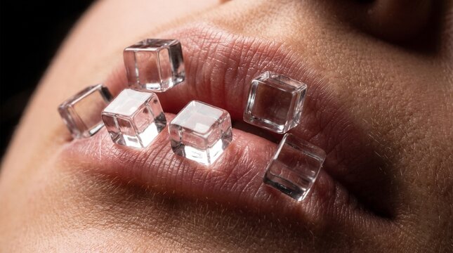 Minimalismo surreal cubos de cristal sobre labios femeninos