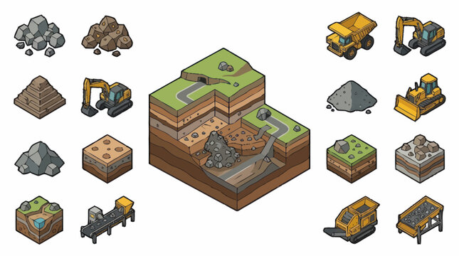 Pixel Art Construction Site with Vehicles and Terrain.