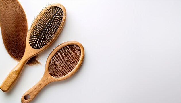 Espejo Y Cepillo Para El Pelo De Bambu Sobre Un Blanco Liso Y Aislado Vista Superior Y De Cerca Copy Space
