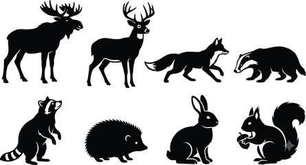 Naklejka premium Forest Wildlife Animal Silhouette Set with Moose Deer Fox Badger Raccoon Hedgehog Rabbit and Squirrel