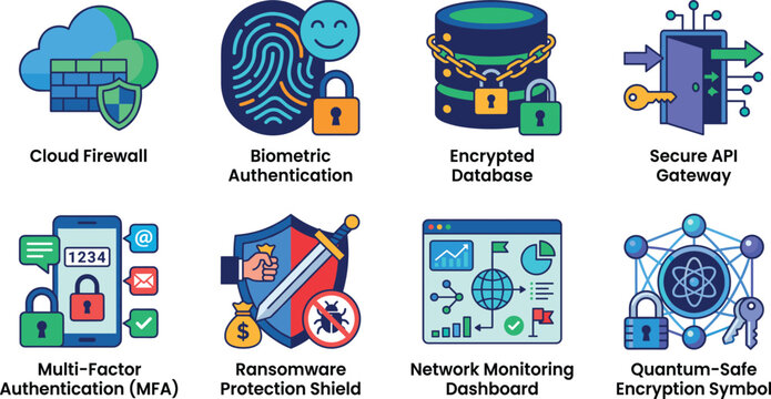Cybersecurity Technology Icons Set Featuring Cloud Firewall MFA Encryption and Secure Network Protection