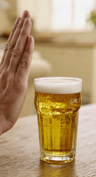 差し出されたビールを拒否する手のクローズアップ