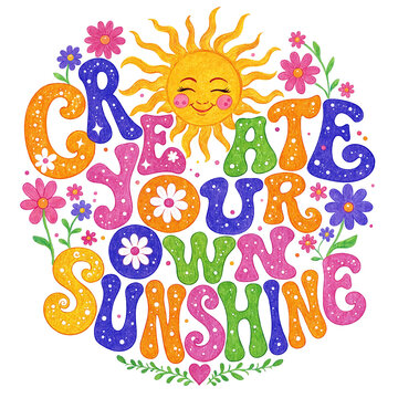 Colorful handwritten create your own sunshine quote with flowers and smiling sun illustration