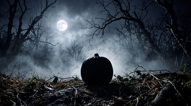 Spooky halloween background with pumpkin silhouette in a dark foggy forest under full moon