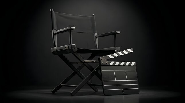 Filmmaking Action, Director's Chair, Studio Set, Photography, Dark Environment, Close-Up View, Creative Concept